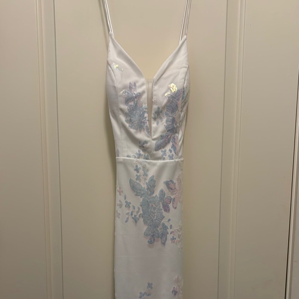White Dress with Blue Floral Sequined Embroidery